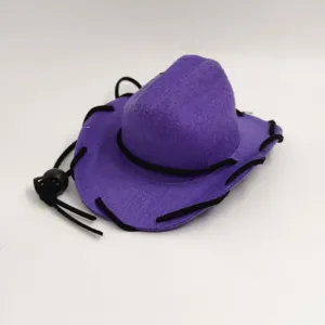 Detalle de sombrero de vaquero para mascota en fieltro morado con cordón negro para perros.