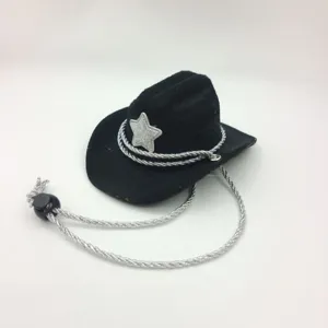 Mini pet cowboy hat detail black felt hat with silver star and adjustable chin strap