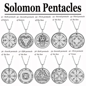 Detailed view of stainless steel Solomon pentacles amulet pendant necklaces collection.