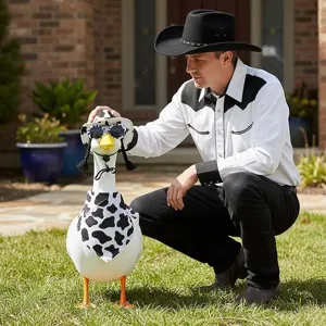 Porch goose cowboy hat scarf glasses set with cow print hat and cute braids for outdoor decor.