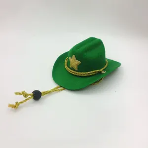 Green pet cowboy hat with gold glitter star and chin strap for festive party dressing.