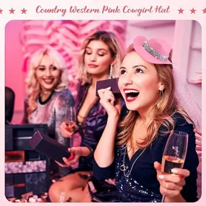 Pink mini cowgirl hat with sparkly rhinestones, perfect for bachelorette and party events.