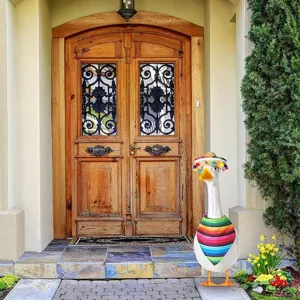 Porch goose outfit set including Mexican sombrero and colorful striped serape scarf decor