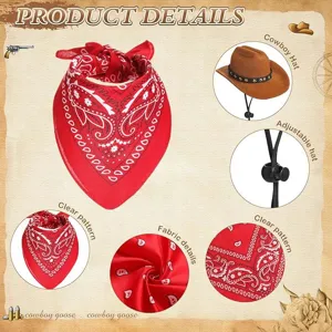 Western cowboy red paisley bandana and brown hat set detail showcase with adjustable strap.