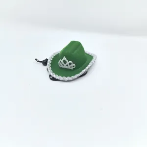 Mini green cowboy hat with silver crown and brim trim, perfect for party and pet dress up.