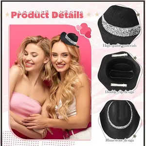 Mini black cowboy hat with rhinestone band and double clips for party hair styling accessory