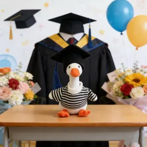 7 inch graduation little goose plush toy with cap and striped sweater clothing set details