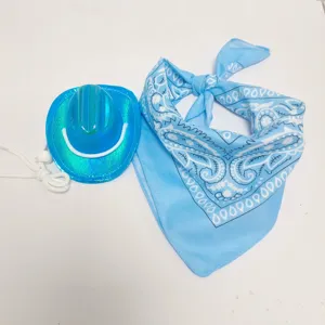 Blue iridescent cowboy hat and paisley bandana set for plush toy doll costume accessories.