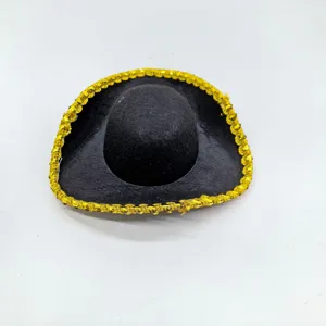 Mini black pirate hat with gold trim, cute pet costume accessory for Halloween parties.