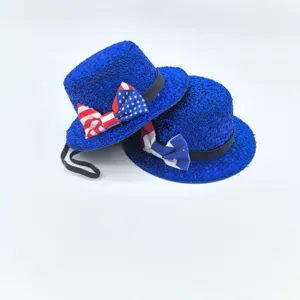 Patriotic blue glitter mini hats with American flag bow ties for festive porch goose party decor.