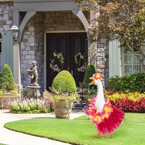 Tropical goose outfit with floral lei, pink tutu skirt and straw hat for porch lawn statue.