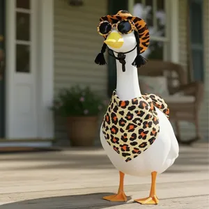 Porch goose costume set featuring leopard print cowboy hat with braids, sunglasses and scarf.