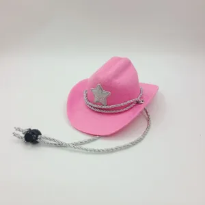 Pink pet cowboy hat with glitter silver star and chin strap for cats and small dogs party.