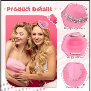Pink mini rhinestone cowboy hat hair clip detail view with high quality materials and double clip.