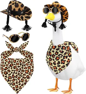 Leopard print porch goose costume detail showing cowboy hat with braids, sunglasses and scarf.