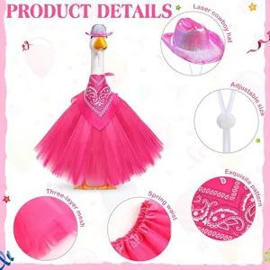 Close-up detail view of pink goose costume set featuring laser cowboy hat and tutu mesh.