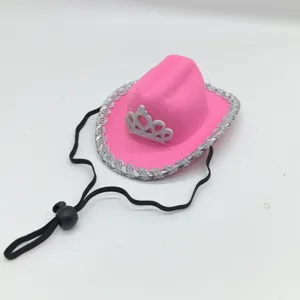 Pink mini cowboy hat detail showcasing the silver tiara, glitter brim, and adjustable strap.