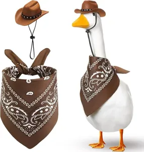 Porch goose costume set featuring a stylish brown cowboy hat and classic paisley bandana.