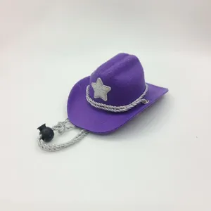 Purple pet cowboy hat with silver glitter star, braided chin cord and bead for cat dog party.