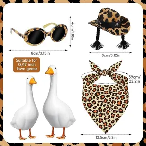Leopard print lawn goose costume set with cowboy hat, sunglasses and bandana for porch decor.