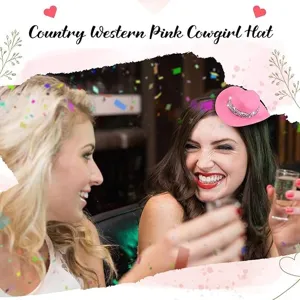 Detailed view of the sparkling pink rhinestone cowgirl hat worn at a lively party event.