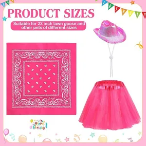 Pink lawn goose costume set including iridescent cowboy hat bandana and tutu skirt for pets.