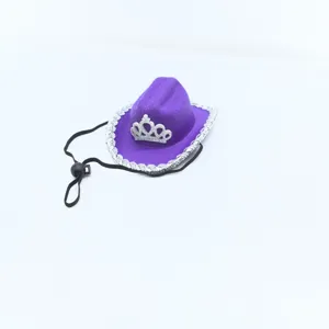 Detail view of purple mini cowboy hat with silver crown and glitter brim for party events.