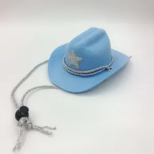 Light blue pet cowboy hat with glitter star, silver chin rope and buckle for small dogs and cats.