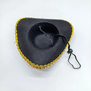 Mini black pirate hat with gold trim, Halloween pet dog hat with adjustable elastic strap.