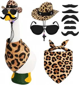 Leopard print cowboy hat, sunglasses, fake mustache, and bandana set for goose statue decor.