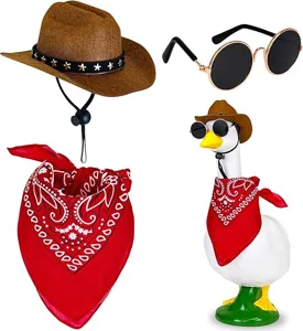 Western cowboy hat, round sunglasses and red paisley bandana set for garden duck statue decor.
