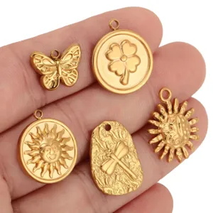 Stainless steel gold plated DIY jewelry pendants charms butterfly clover sun designs