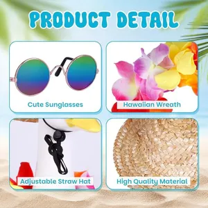 Summer pet beach set featuring cute sunglasses, Hawaiian floral wreath, and adjustable straw hat.