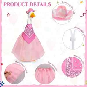 Detailed view of white goose costume set including laser cowboy hat, pink scarf and tutu skirt.