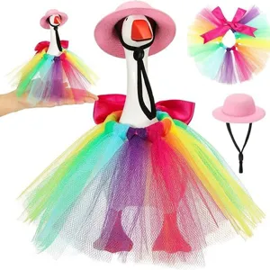 Cute 7-inch little goose desktop ornament outfit set with pink hat and colorful tutu skirt.