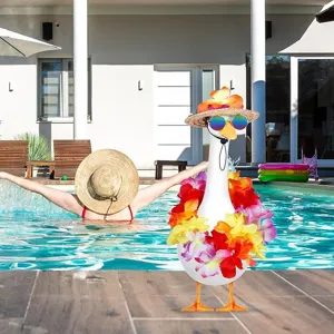 Summer tropical porch goose costume set with straw hat, sunglasses and colorful floral leis.