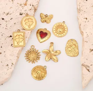 Stainless steel DIY jewelry charms pendants set featuring sun, butterfly, and clover designs.