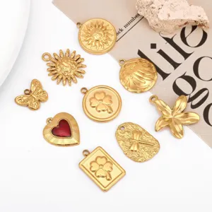 Stainless steel gold charms set, diy jewelry making pendants including sun, clover and butterfly.