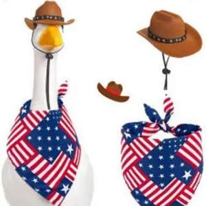 Independence day porch goose outfit with cowboy hat and US flag bandana for decoration.