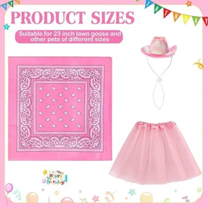 Pink pet costume set details featuring glitter cowboy hat, paisley bandana, and tutu skirt.