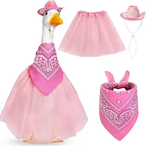 Details of the pink porch goose outfit featuring iridescent cowboy hat, bandana, and tutu skirt.