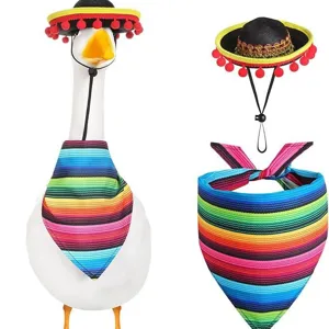 Mexican sombrero hat and colorful striped bandana costume set for porch goose and pet decoration.