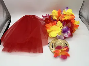 Hawaiian party tropical flower lei straw hat red tulle skirt set for summer beach events