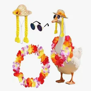 Detail view of summer beach goose costume set featuring a straw hat, sunglasses, and floral lei.