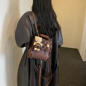 Donna marrone quadretti mini zaino elegante casual scuola pendolare tracolla borsa