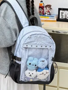 Zaino scolastico a pois giapponese carino azzurro casual leggero con finestra trasparente
