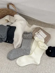 Women cozy autumn winter ruffle pearl socks sweet ballet style casual solid mid-calf socks