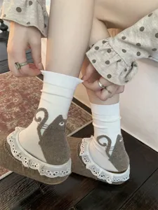 Women cute flocked cat mid-tube cotton socks original design cartoon casual hosiery
