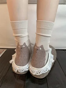 Cute cat embroidered women cotton socks, fuzzy animal mid-calf socks for daily wear detail view.