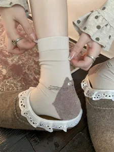 Cute flocked cat mid-tube cotton socks for women, original designer cartoon style daily wear.